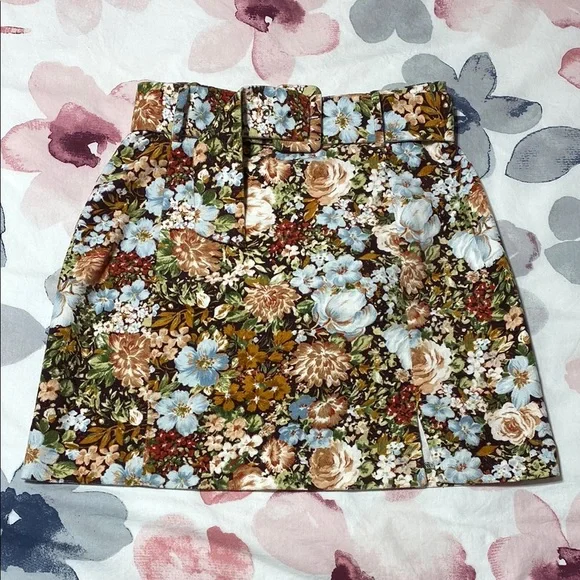 Zara Floral Mini Belted Cotton Skirt Size Small - Picture 2 of 8